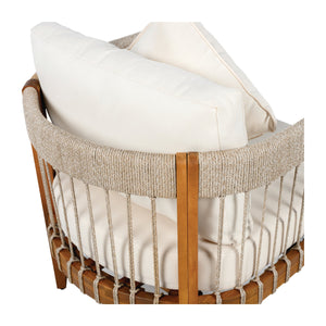 Acacia Wood Outdoor Club Chair with Handwoven Rope Accents and Curved Backrest