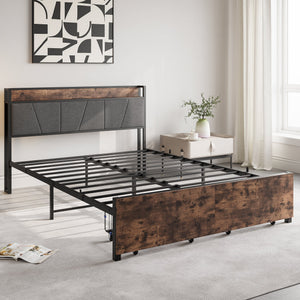 Upholstered Platform Bed with Storage and Charging Station in Vintage Brown and Gray