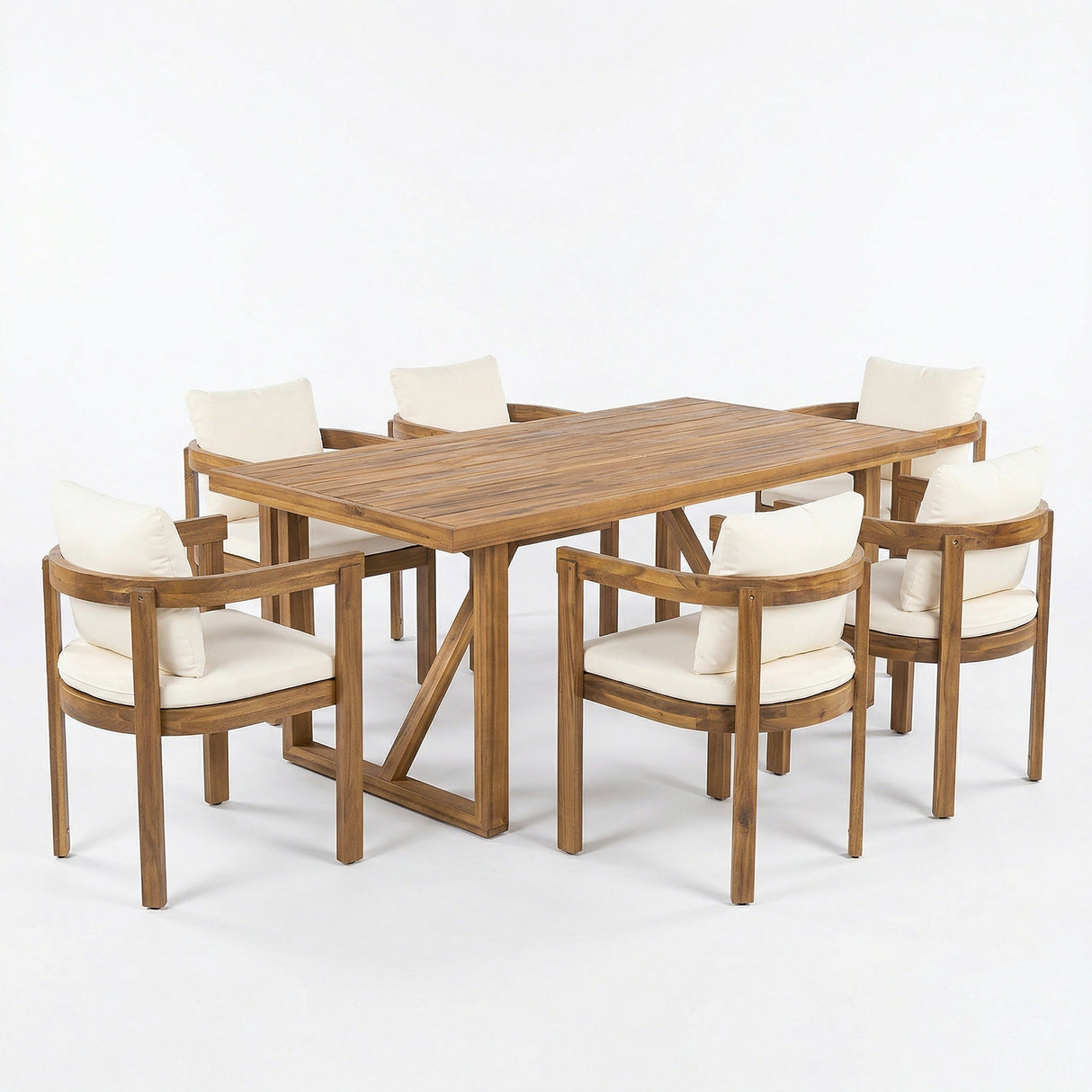 7 Pieces Acacia Wood Outdoor Dining Set with Cream Cushions