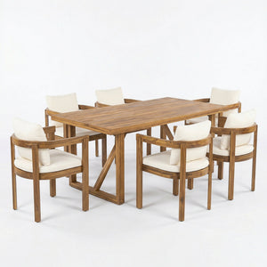 7 Pieces Acacia Wood Outdoor Dining Set with Cream Cushions