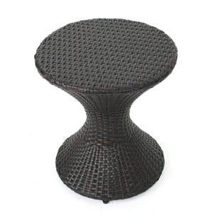 Outdoor Wicker Hourglass Side Table with Iron Frame – Multi-Brown