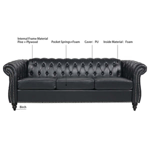 84.65' Black PU Rolled Arm Chesterfield Three Seater Sofa