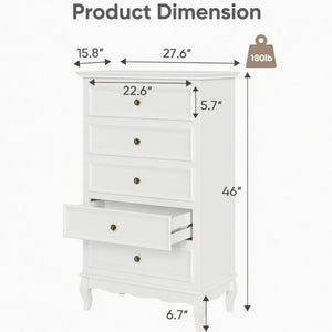5 Drawer Tall Wide Chest Of Drawers - White
