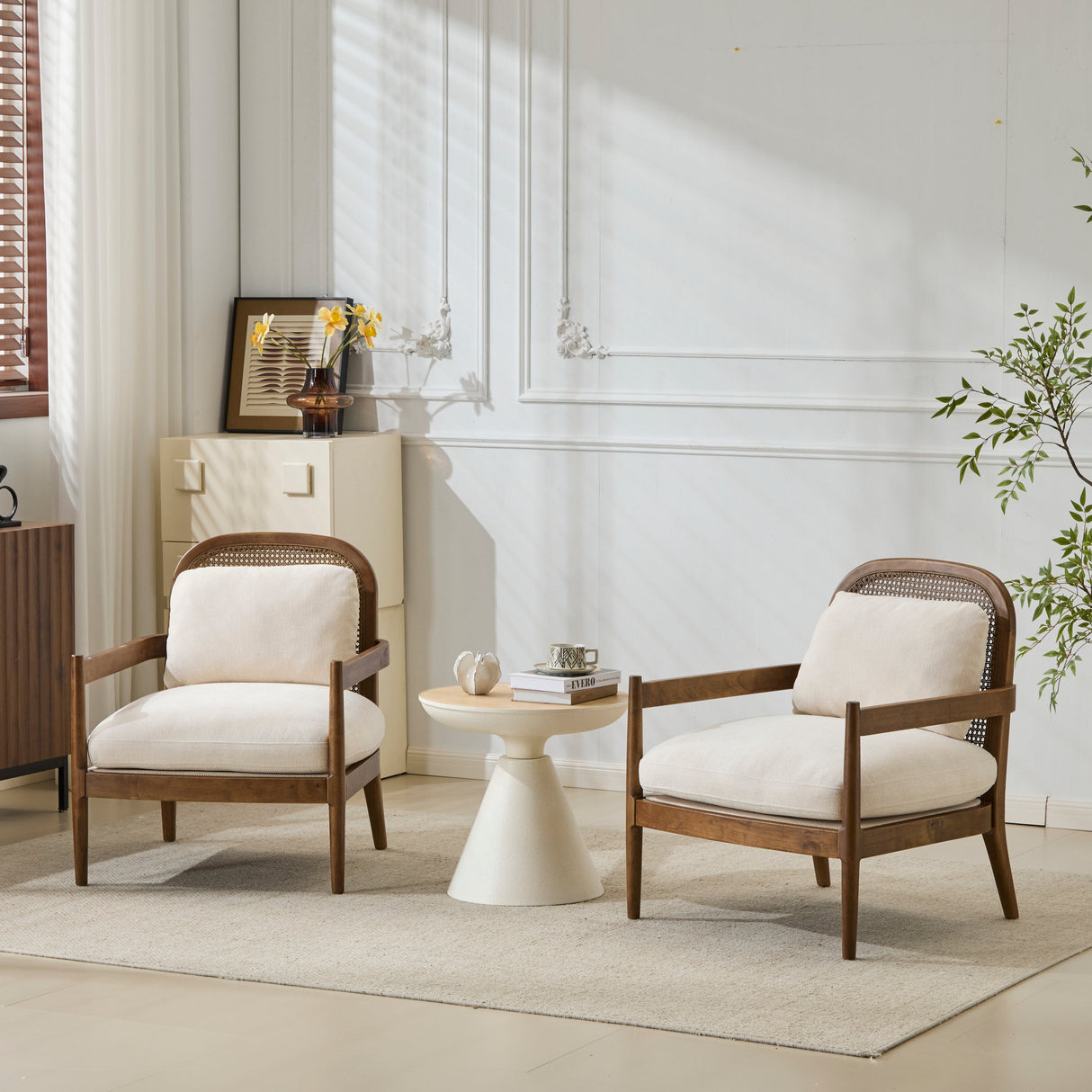 Elliston Rattan Backrest Solid Wood Accent Chair with Cushions Set of 2