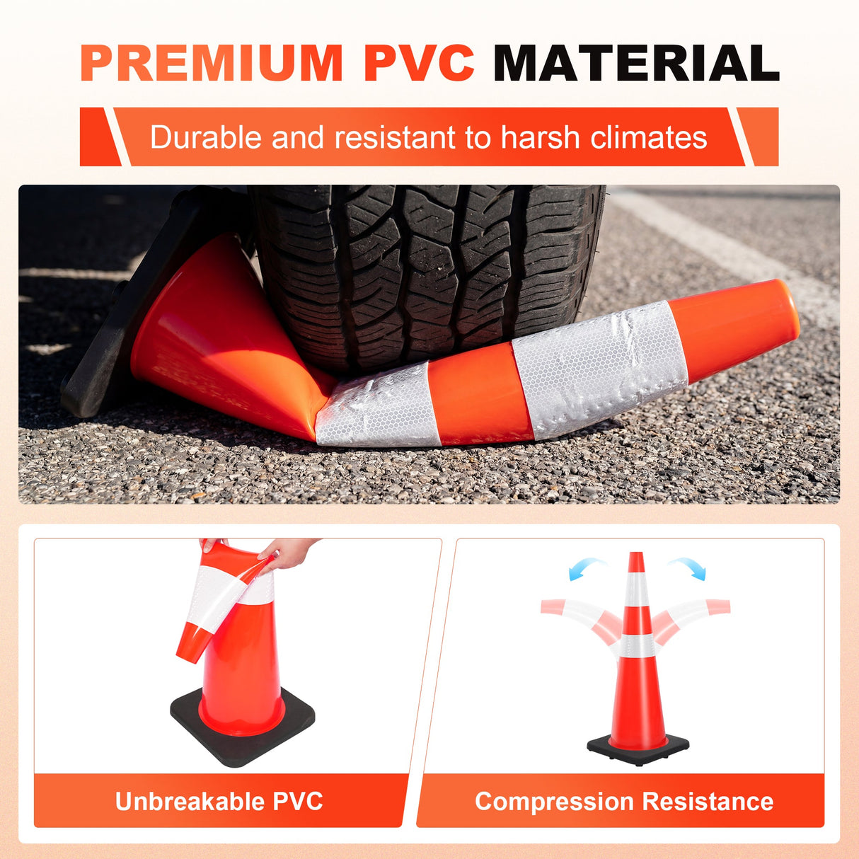36" Heavy-Duty Traffic Cones with High-Visibility Reflective Collars - 4 Pack