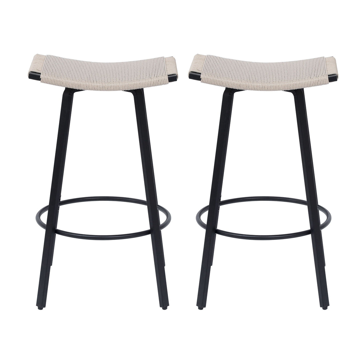 Counter Height Bar Stools Backless Handwoven Kitchen Dining Chairs With Round Footrest (Set of 2) Weaving Pub Stoo - Creamy White