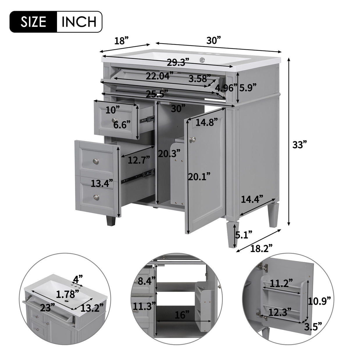 Bathroom Vanity With Top Sink, 2 Drawers And Tip Out Drawer, Rectangular Design