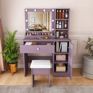 Stylish Vanity Desk Set with Padded Stool & Adjustable Lighted Mirror