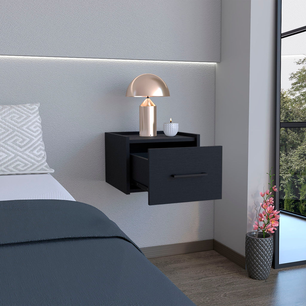 Floating Nightstand, Space Saving Design With Handy Drawer And Surface - Black