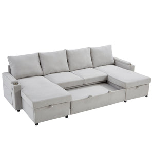 U Shaped Sectional Sofa Bed With Storage Chaise Lounges, USB Ports, And Cup Holders