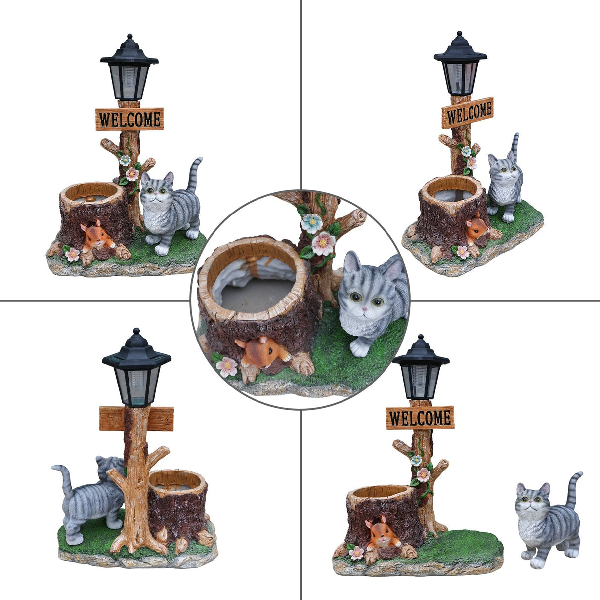 Cat Solar Planter Statue for Outdoor Decor