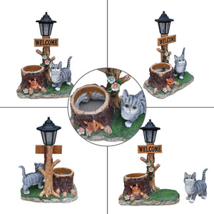 Cat Solar Planter Statue for Outdoor Decor
