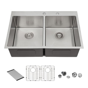 Modern Farmhouse Double Bowl Drop In Sink With 50 / 50 Split Design Stainless Steel - Brushed Nickel