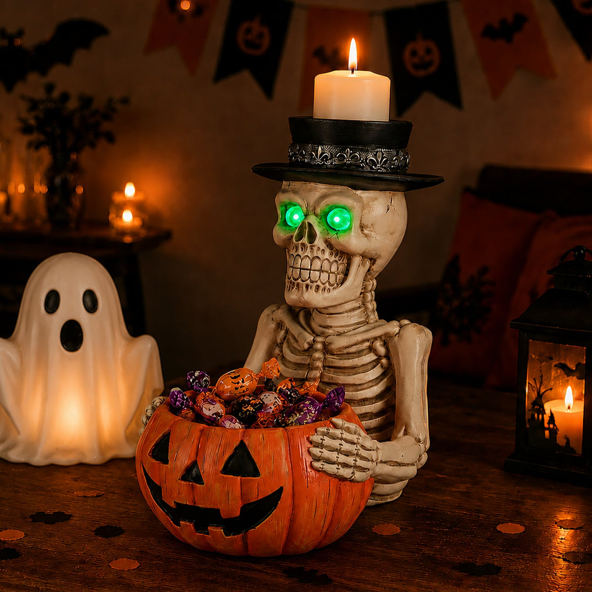 Halloween Skeleton Figurine with Pumpkin Candy Bowl & Candle Holder