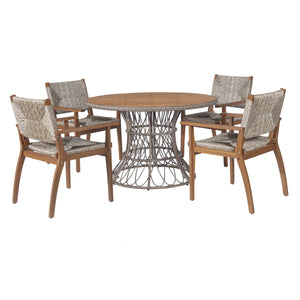 5-Piece Outdoor Dining Set: Brown Round Acacia Wood Table & 4 Brown Wicker Armchairs