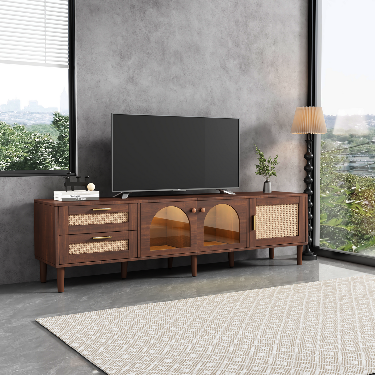 Rattan TV Stand with 3 Cabinets & 2 Drawers
