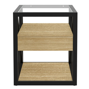 1 Piece Modern End Table with Drawer - Natural Wood & Tempered Glass