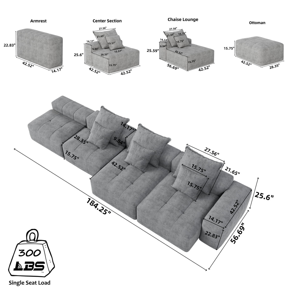 Modern Oversized Modular Sectional Sofa with Pillows - Multiple Colors