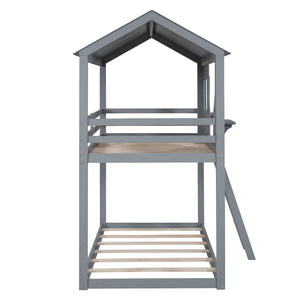 Twin Over Twin Bunk Bed With Roof, Window, Guardrail, Ladder
