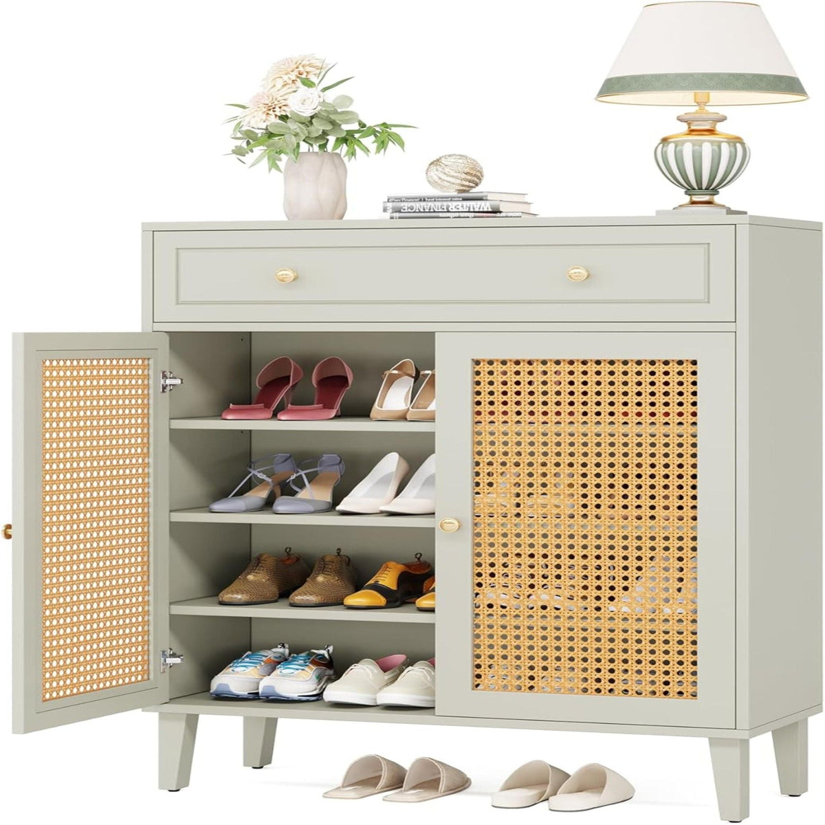 Shoe Cabinet With Rattan Doors And Drawer, 4 Tier Storage Organizer - Mint Green