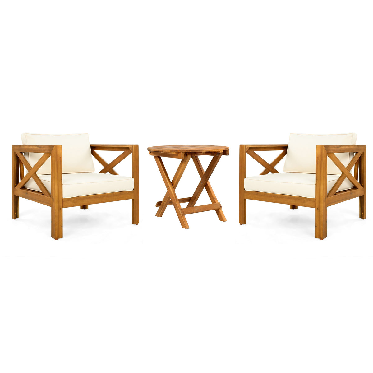 Patio Conversation Set with Foldable Acacia Wood Side Table and Cushions