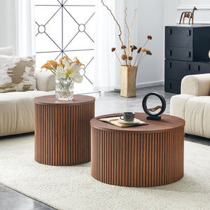 2-Piece Nesting Coffee Table Set, Roman Column Design MDF Round Tables with Built-in Storage