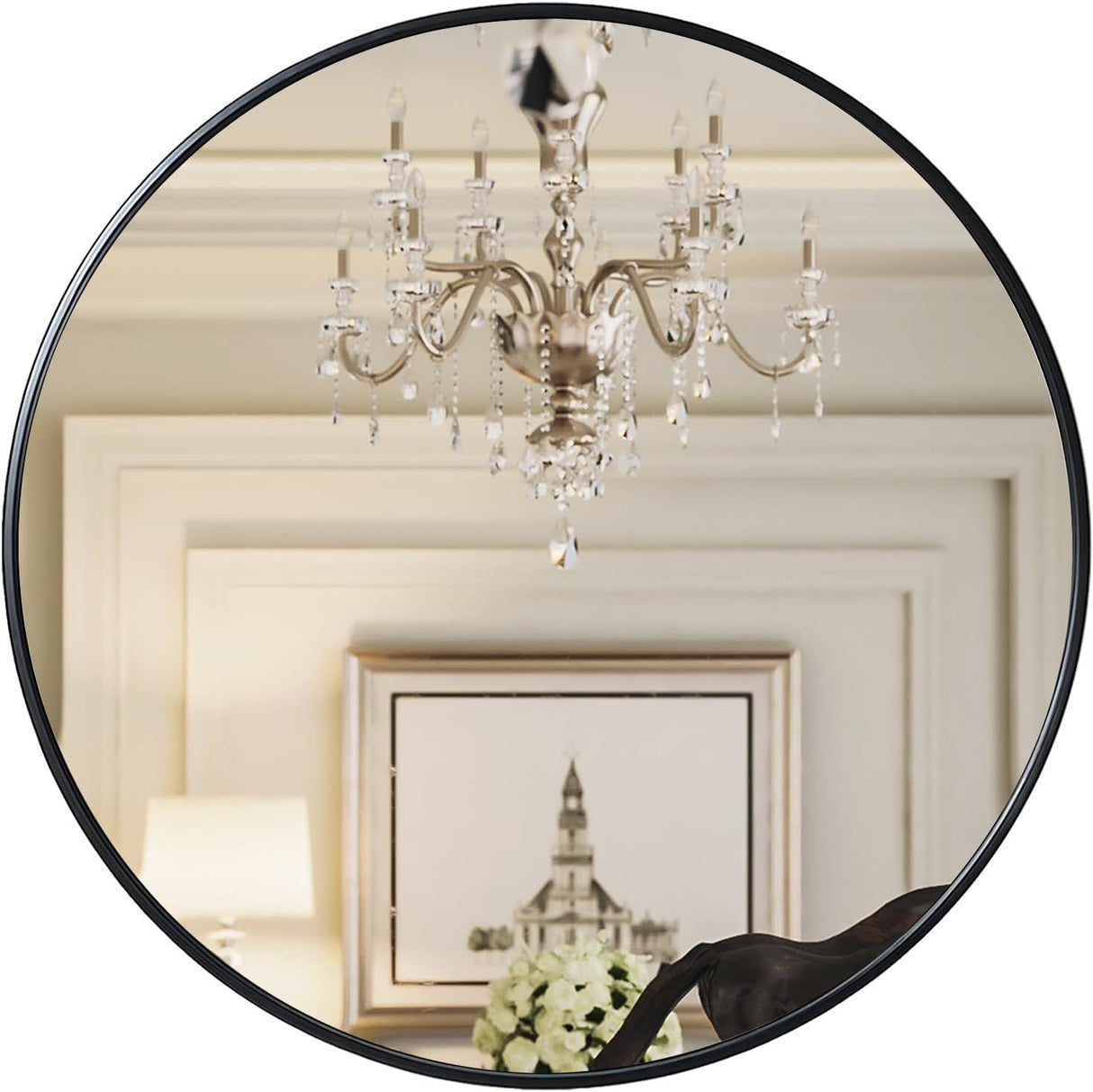 42 Inch Black Metal Framed Round Bathroom Mirror
