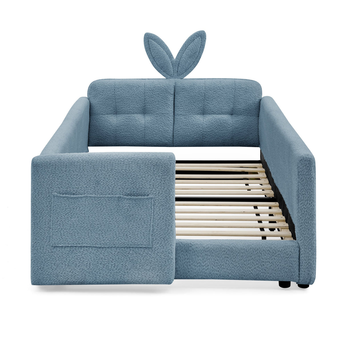 Twin Size Upholstered Platform Bed with Cute Rabbit Ear Shaped Headboard, with Safety Rail and Pocket, Boucle Fabric