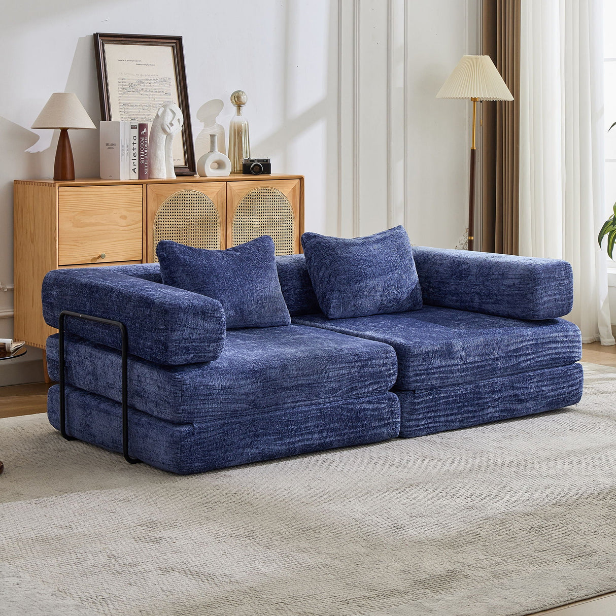 Convertible Floor Sofa Bed With Pillow Back Support Armrest