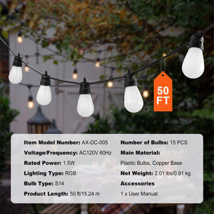RGB Outdoor String Lights, 50FT with APP Control