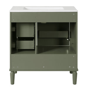 Elegant Olive Green 30' Bathroom Vanity with Ceramic Sink and Ample Storage, Solid Wood and MDF Construction
