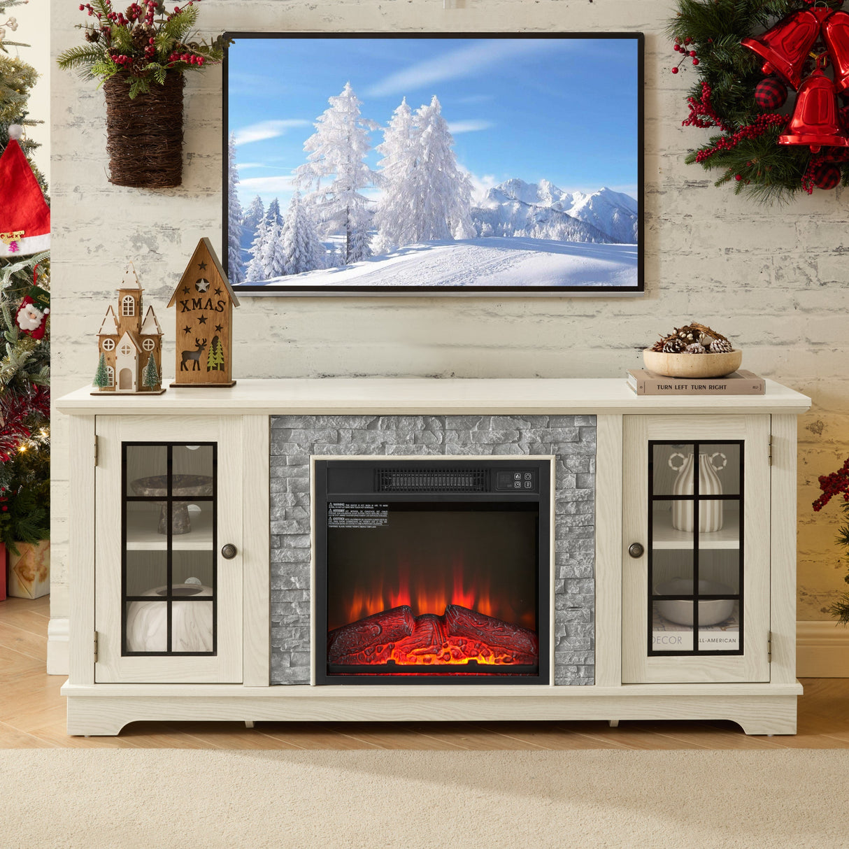 58" Modern TV Stand with Electric Fireplace and Storage