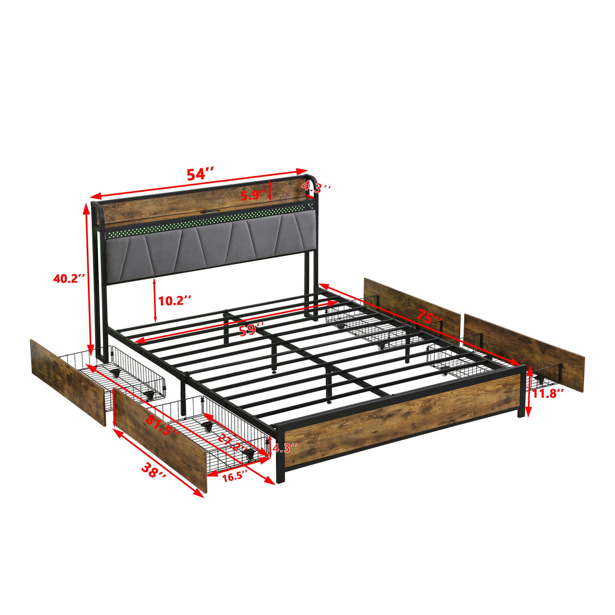 Modern Bed Frame With LED Lights, Upholstered Headboard, USB Charging