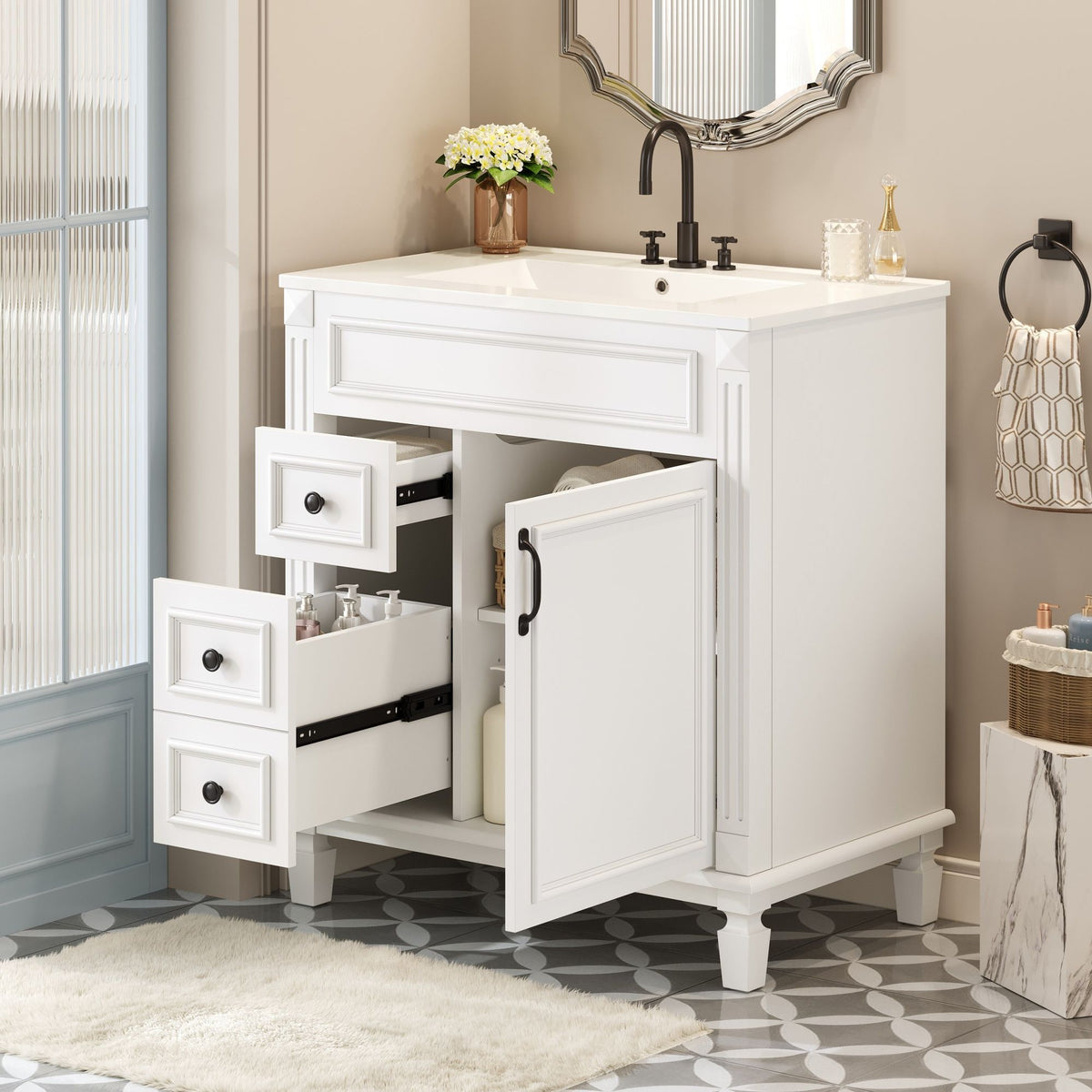 Bathroom Vanity with Ceramic Sink and Storage - White or Blue