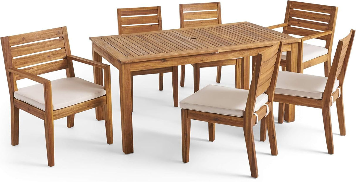 Outdoor 6-Seater Acacia Wood Expandable Dining Set with Cushions