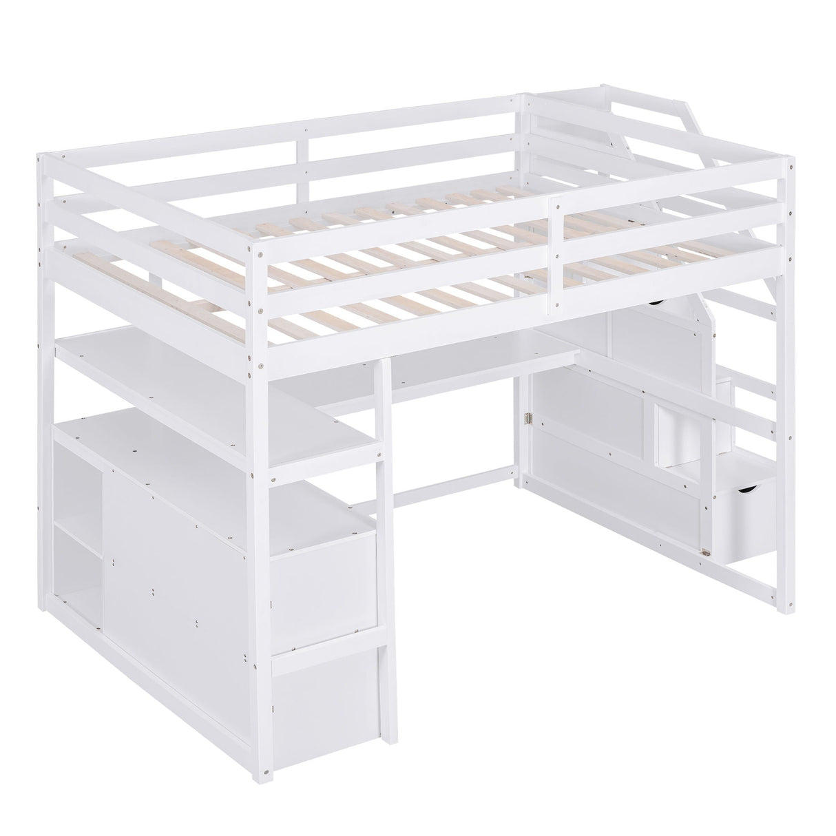 Loft Bed With Desk, Shelves, 2 Drawers, Storage Staircase