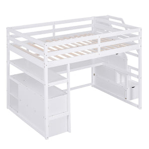 Loft Bed With Desk, Shelves, 2 Drawers, Storage Staircase
