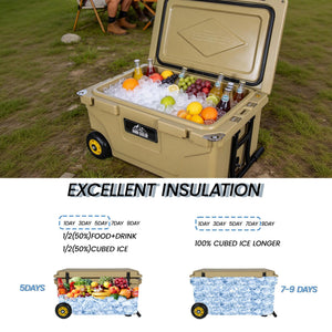 65 Quart Khaki Cooler, Ultra-Tough Hard Shell Ice Chest