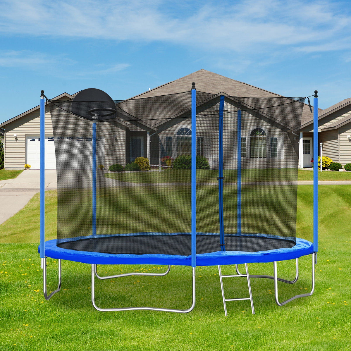 12Ft Trampoline with Basketball Hoop and Safety Net - Blue