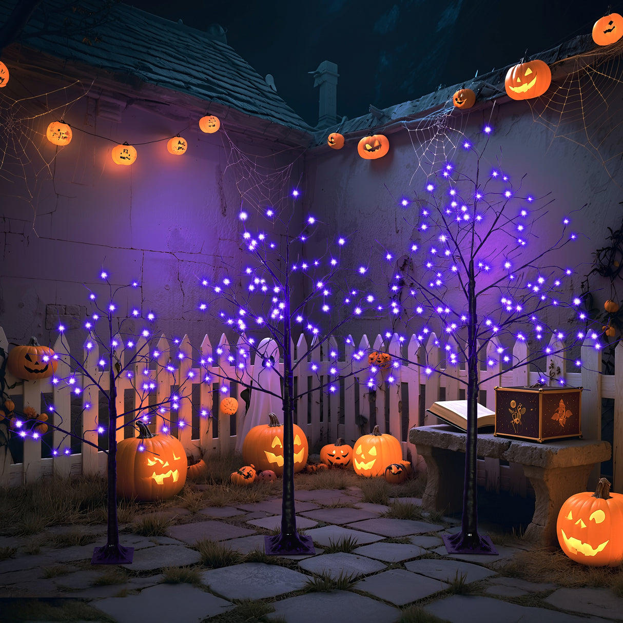 3 Pc Illuminated Halloween Tree with Purple LED Glow