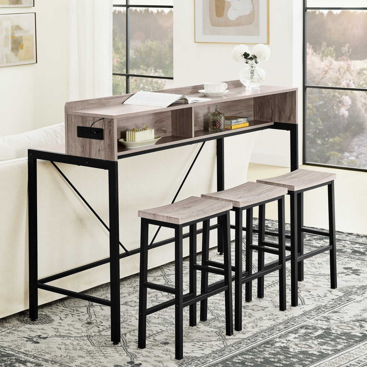 59 Inch Bar Table with Stools and LED Light