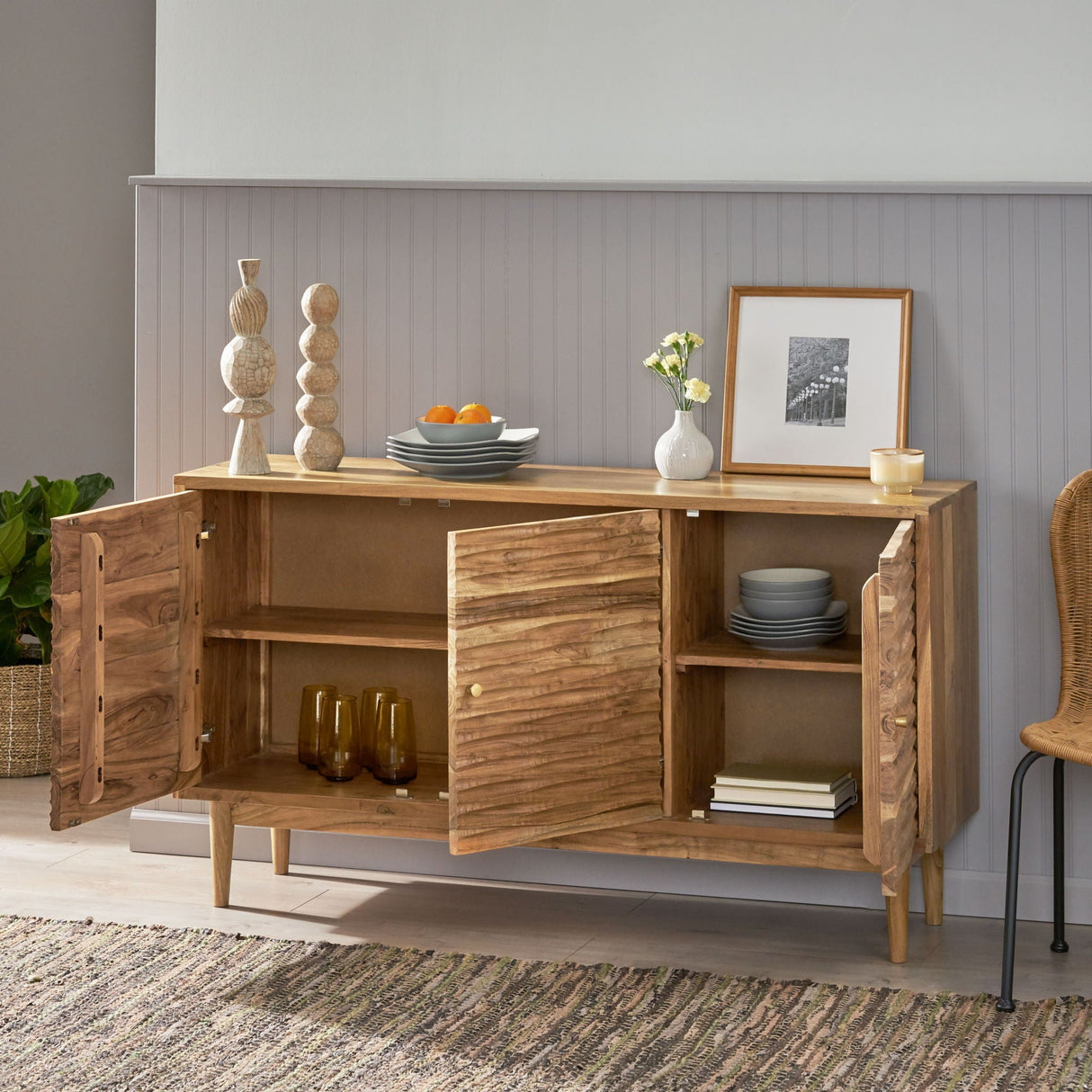 Boho Handcrafted 3 Door Sideboard with Carved Texture and Artisanal Charm - Natural