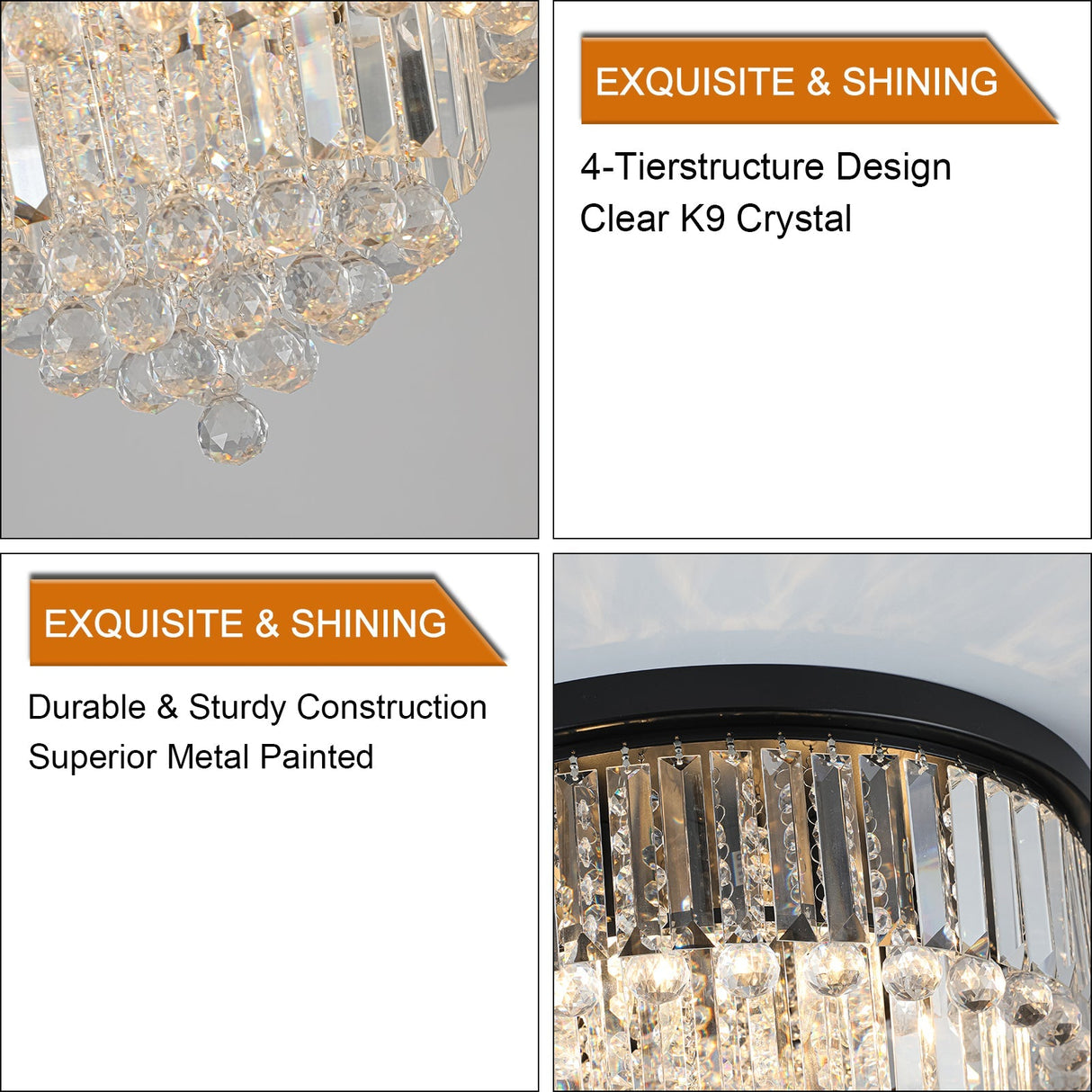 20' Luxury Crystal Flush Mount Ceiling Light with Black Finish – Elegant 6-Light Chandelier for Living Room, Dining Room, or Bedroom (Bulb Not Included)