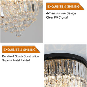 20' Luxury Crystal Flush Mount Ceiling Light with Black Finish – Elegant 6-Light Chandelier for Living Room, Dining Room, or Bedroom (Bulb Not Included)