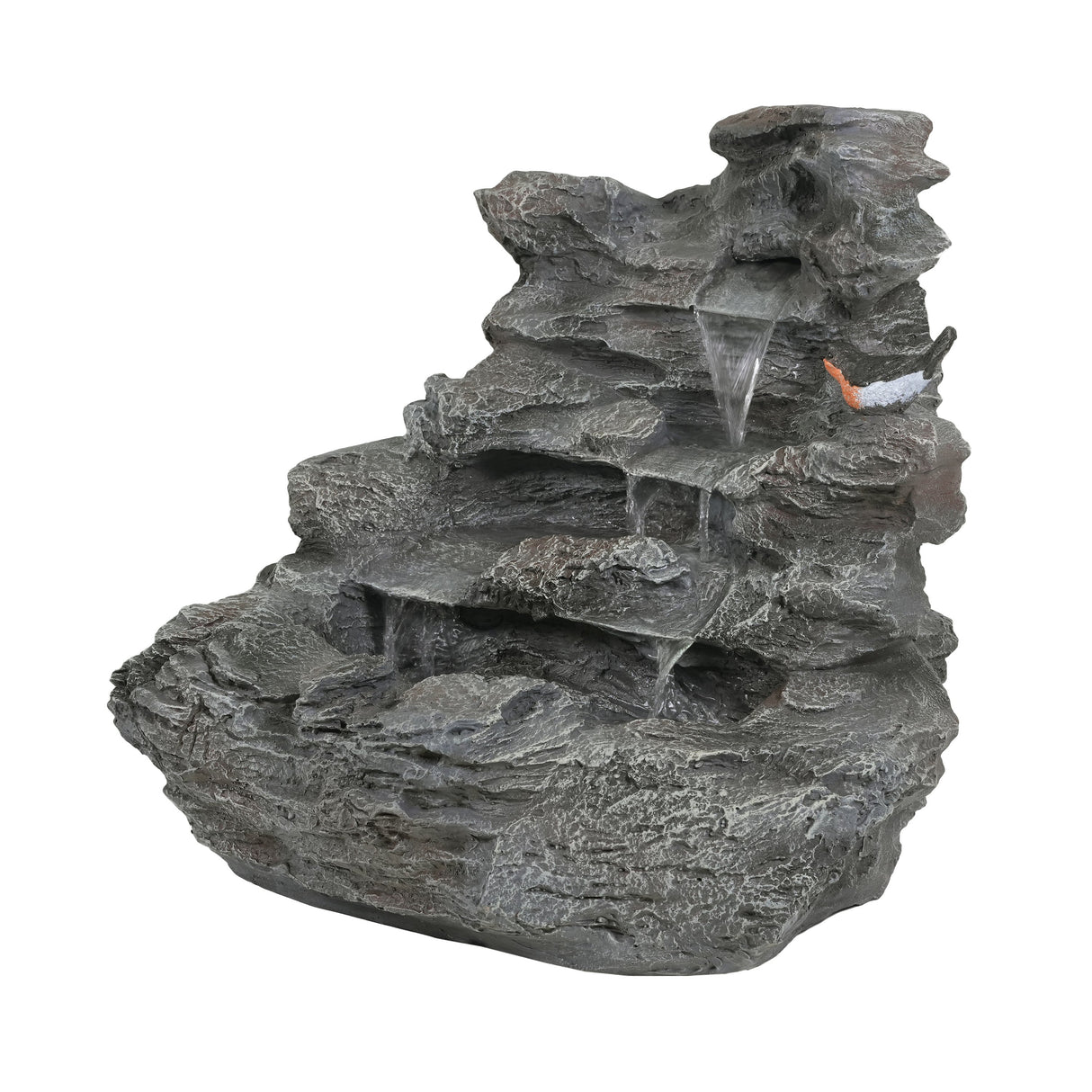 4-Tiered Gray Concrete Rock Waterfall Fountain with LED Lights