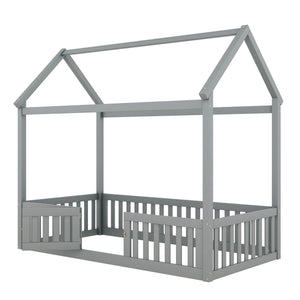 Wood House Bed With Fence And Door