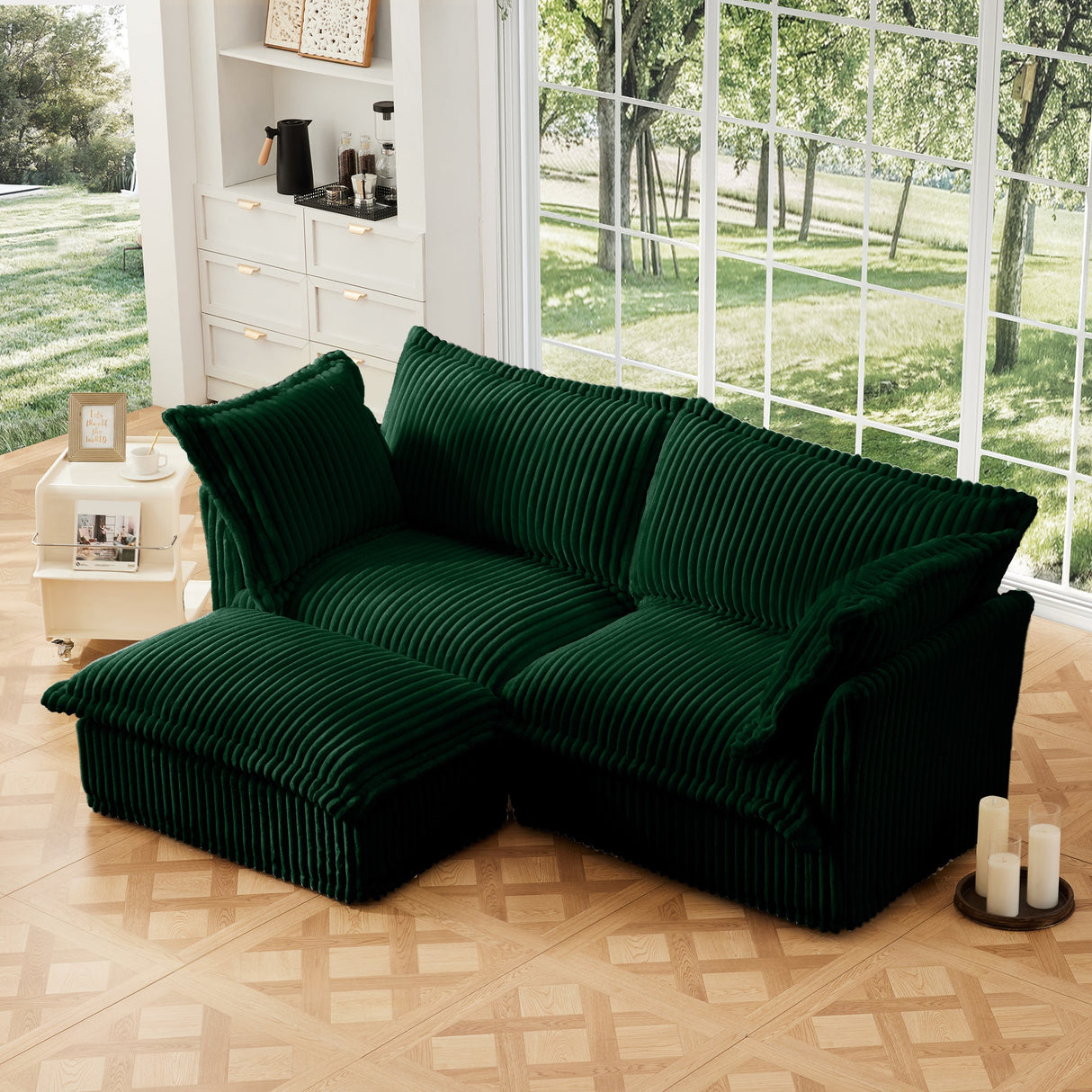Slipcovered Sectional 2 Seater Sofa Couch with Convertible Ottoman