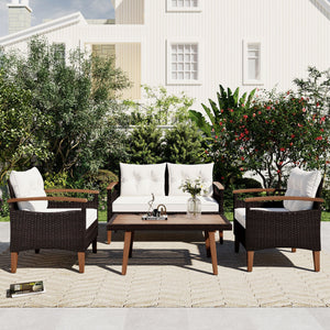 4 Piece PE Rattan Outdoor Sofa Set with Wood Table and Legs