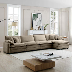 Modern Corduroy Upholstered 4-Seater Sofa with Footstool
