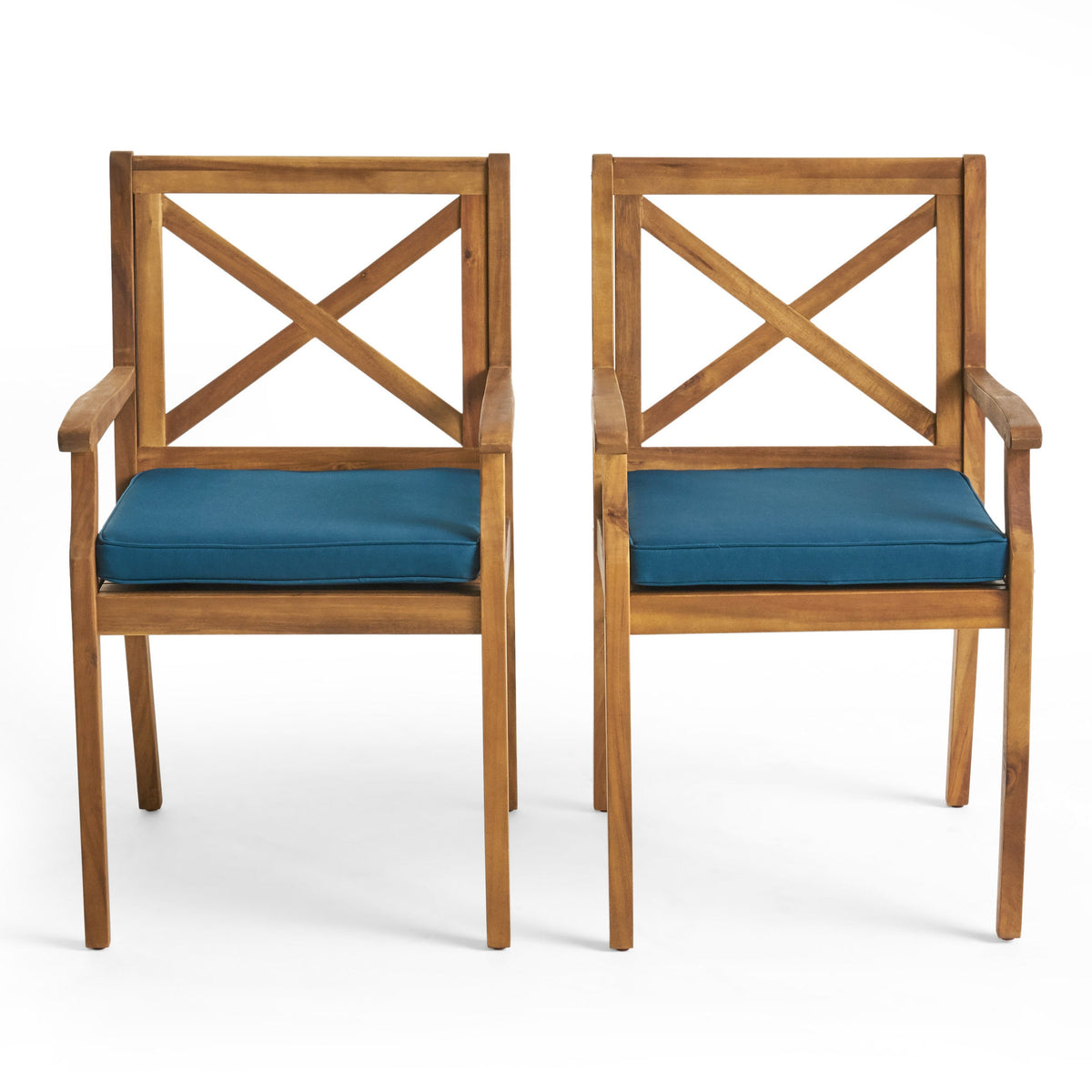 Acacia Wood Outdoor Dining Chairs with Blue Cushions - Set of 2